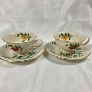 TWO Castleton Ma Line Cup & Saucer Sets Yellow Orange & Blue Flowers